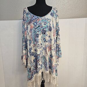 Cato Women Paisley Print Blouse Sz 22/24w Fringe Hem Boho Lightweight Flowy W483